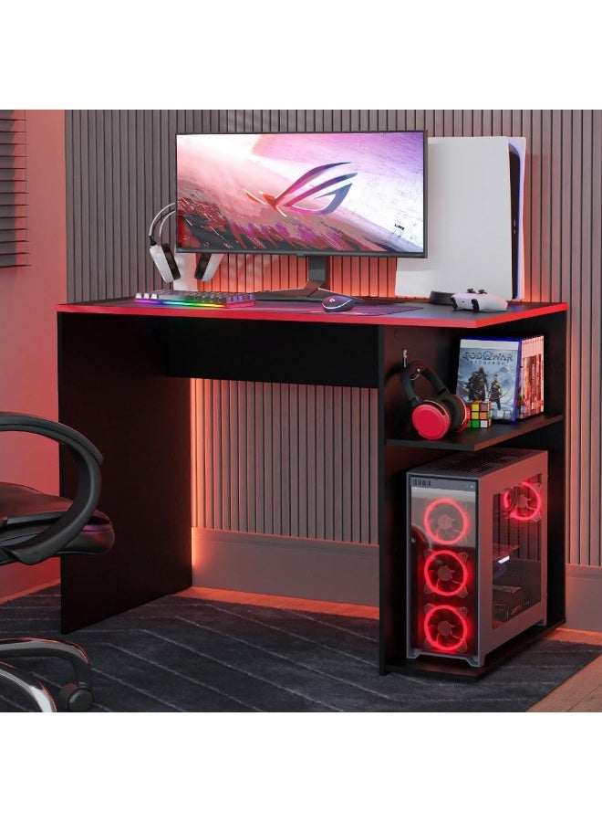 Madesa Compact Gaming Computer Desk with 2 Shelves, Cable Management and Large Monitor Stand, Wood, 21.25" D x 39.37" W x 29.52" H - Black/Red - Image 1